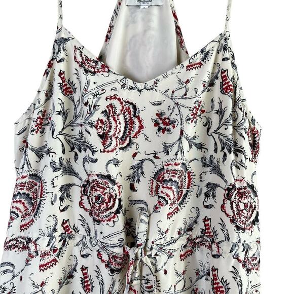 Madewell 100% Silk Floral Dress‎ Waist Tie with Pockets Cream Gray Red, Size 4 - Picture 3 of 12